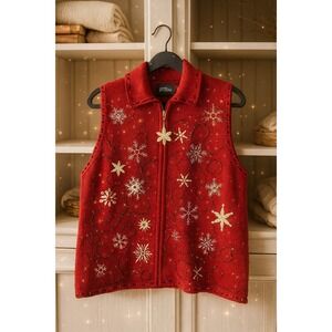 Studio JOY Red Snowflake Zip Sweater Vest XL Ramie Cotton Embroidered Holiday
